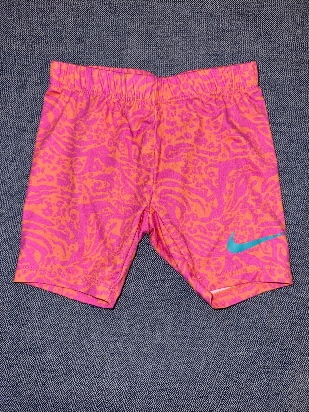 Nike Pink & Orange Girls' Patterned Athletic Bike Shorts with Teal Swoosh
